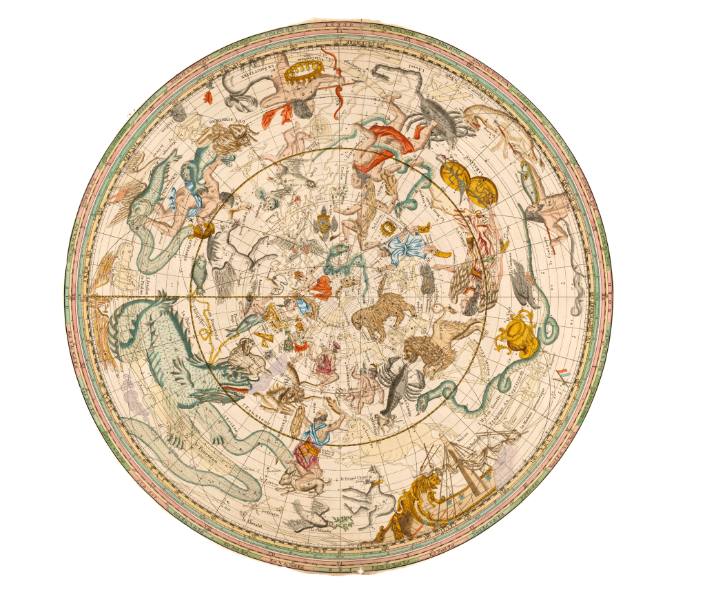 Hemelkaart met de sterrenbeelden. Planisphére céleste. Celestial sphere. Dated 1780.